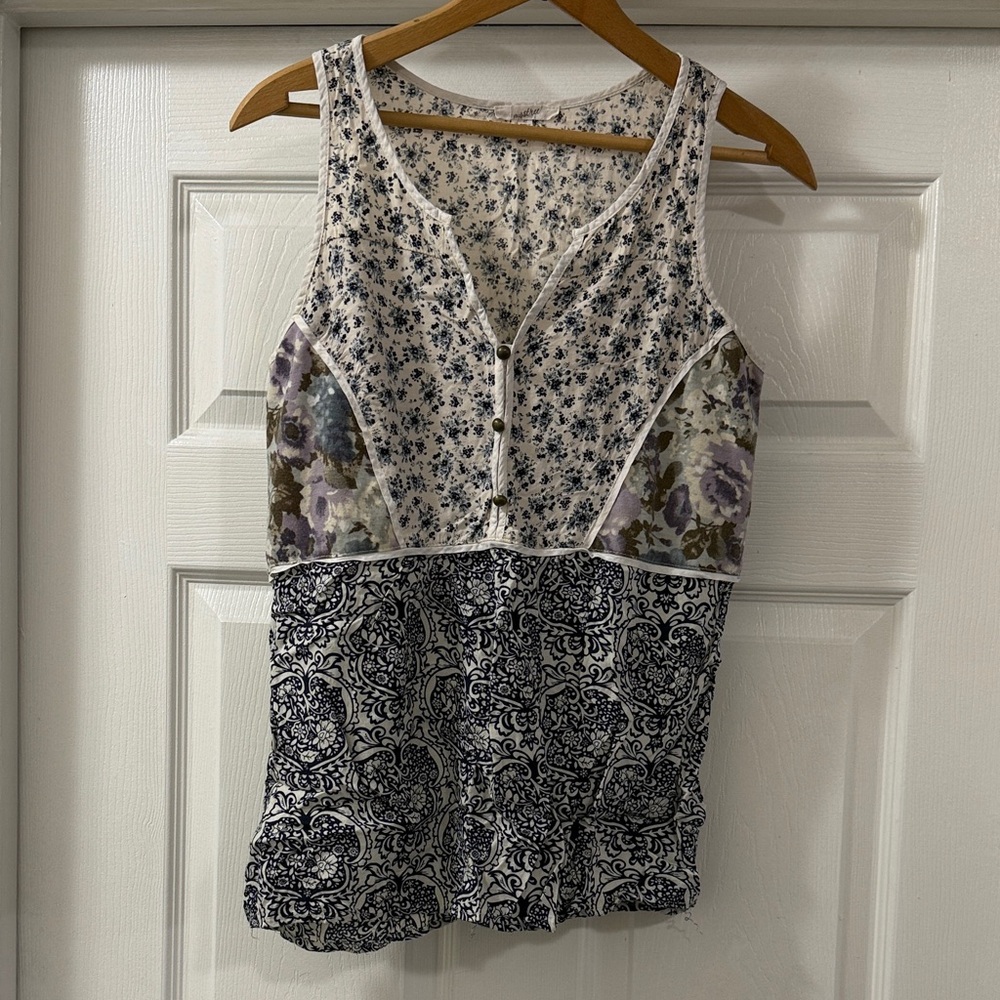 Mystree Floral Patchwork Tank Top in Blue and Cream